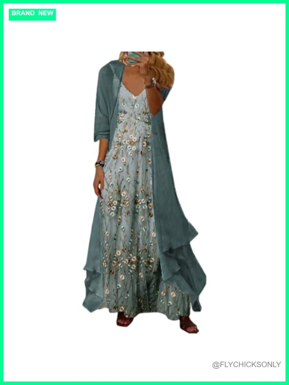 2 Piece Maxi Dress Set Spaghetti Strap Sheer Cardigan Floral Print